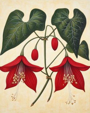Botanical Illustration of Lapageria Rosea Flowers with Green Leaves on a Cream Background in a Vintage Style Flower Painting