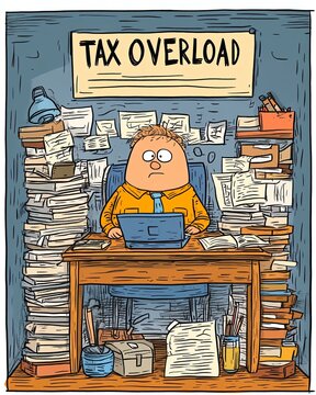 Tax overload cartoon illustration showing tax overload stress in paperwork chaos for tax overload crisis. Overwhelmed by tax paperwork in the office.