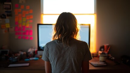 A designer focuses intently on a computer screen in a well-organized creative workspace filled with colorful sticky notes. The warm evening light enhances the atmosphere
