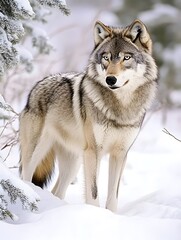 Naklejka premium Gray Wolf in Snowy Wilderness: Majestic Canine Predator Amidst Wintery Boreal Forest