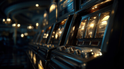 Obraz premium A close-up shot of glowing slot machines under moody indigo and golden light, coins frozen in mid-spin, subtle lens blur around edges