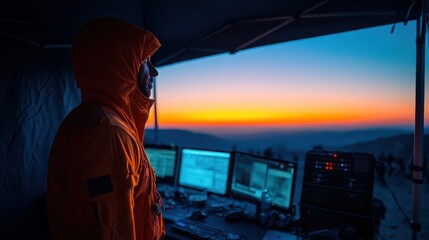 A search and rescue operator in an orange jacket observes monitors displaying data during a mission at dusk in a remote location. The vibrant sunset creates a striking backdrop