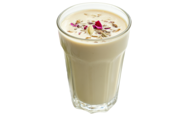 PNG image of a creamy lassi drink served in a glass on white background