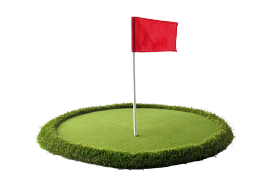 A golf hole with bright red flag shown in PNG format isolated on white background - Powered by Adobe