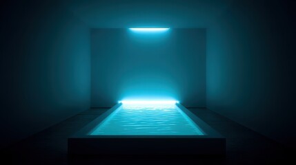A flotation therapy tank awaits, illuminated by soft blue lighting that enhances the calming atmosphere. The serene space promotes relaxation and deep introspection, creating a perfect escape
