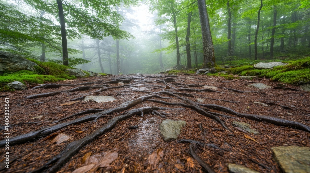 Poster Massive tree roots extend from the moist forest floor, entwining with rocks, while soft moss and thick morning fog envelop the trunks of ancient trees in the background