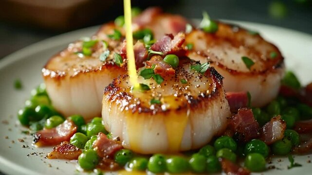 pan-seared scallops with bacon and peas video
