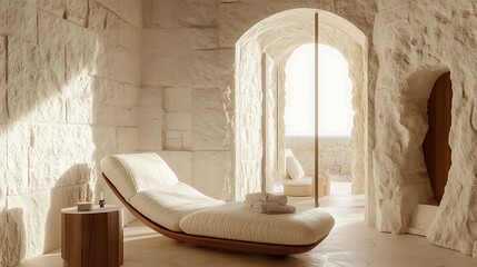 Serene interior of a minimalist space featuring a cozy lounge chair against textured stone walls illuminated by soft natural light