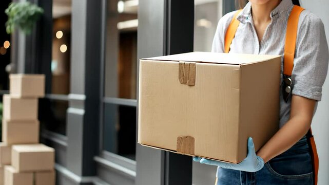 Close-up of a delivery worker holding a cardboard box while wearing gloves, standing in front of an urban building with blurred background. Symbol of logistics, safety and urban delivery services