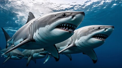 Fototapeta premium Dynamic scene of great white sharks swimming majestically in ocean.