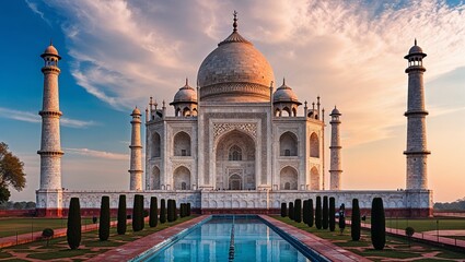 Naklejka premium The iconic Taj Mahal glows beautifully during sunset's golden hour.
