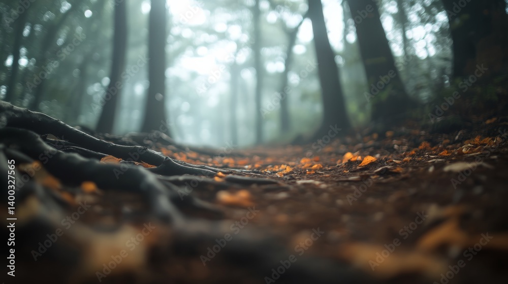 Poster a winding trail lined with twisted roots and scattered leaves leads into a misty forest filled with 