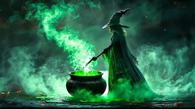 A mysterious witch stirs a glowing green potion in a large cauldron, surrounded by a smoky, dark environment with magical energy swirling around.