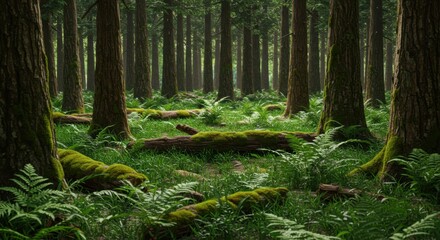 Fototapeta premium Serene Enchantment: Mossy Forest Floor with Tall Trees and Lush Ferns