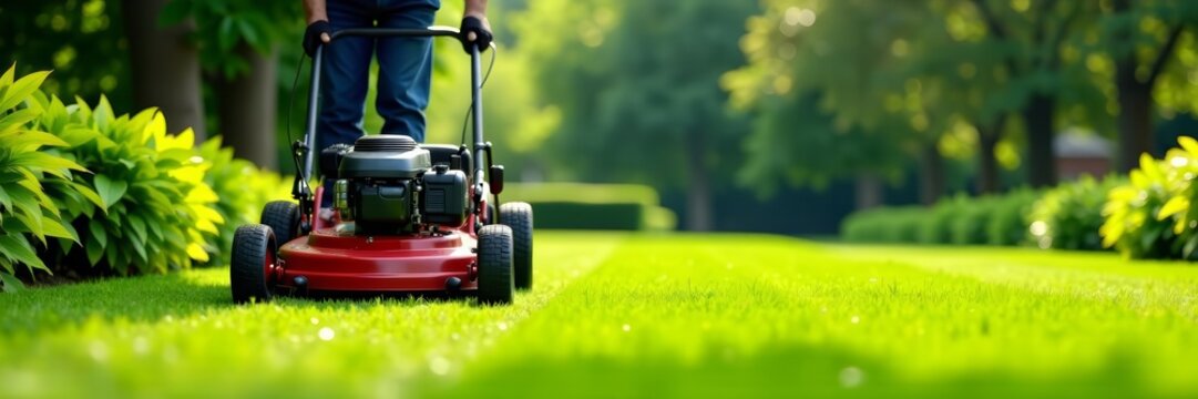 Landscape architect mowing the grass in a meticulously maintained garden setting, yard work, professional