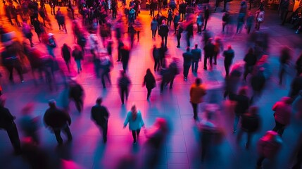Colorful blur of individuals moving through a lively public space creates an abstract representation of community and collective energy during a vibrant gathering