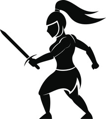 Female Warrior Silhouette Vector &ndash; Black Spartan Amazon with Spear Isolated on Transparent Background