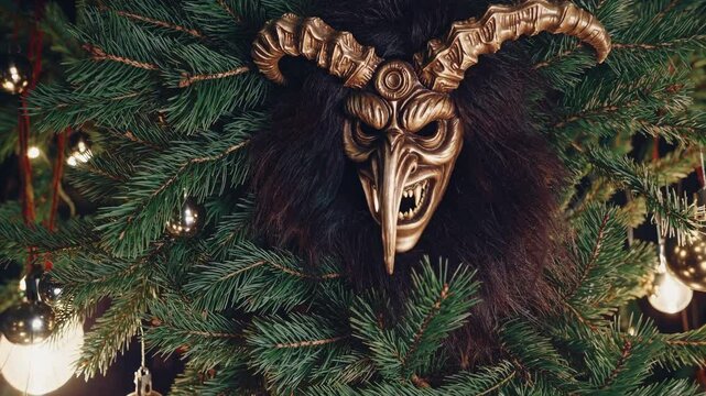 Merry Krampusnacht, eerie Krampus mask decorating festive Christmas tree branches, folklore event