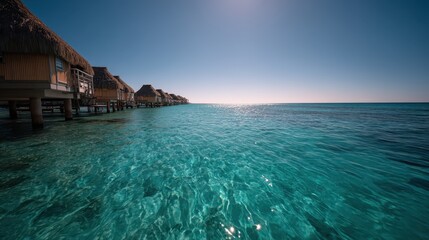 Treat yourself to serene moments at magnificent overwater bungalows nestled in turquoise waters, basking under a clear blue sky in a tropical wonderland
