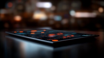 Glowing 3D data interface floats in dark surroundings, showcasing intricate algorithmic graphs and nodes lit dramatically with a digital depth-of-field effect