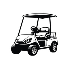 Golf cart icon vector, Black golf car icon vector, golf cart flat vector, A black and white drawing of a golf cart with golf clubs.