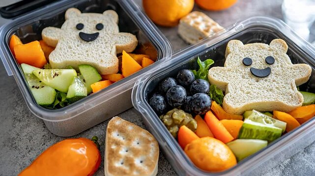 Adorable Bear-Shaped Sandwiches and Fruits in Kids' Lunchboxes