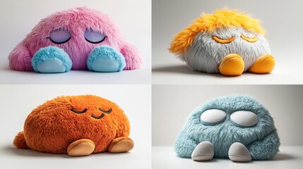 Four fluffy, cute, sleeping plush toys in different colors.