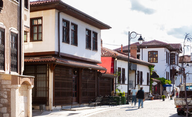 Old town streets of Konya, Turkey. Paved street with restaurants and cafes.