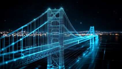 Digital blueprint of a bridge at night.  Detailed 3D rendering of the Golden Gate Bridge's framework, overlaid with a digital grid and glowing lines.  Night city skyline visible in the background