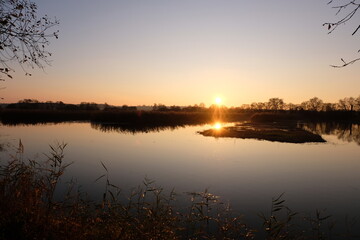 Obraz premium Scenic landscape view of golden sunset with lake in rural countryside on Somerset Levels England UK