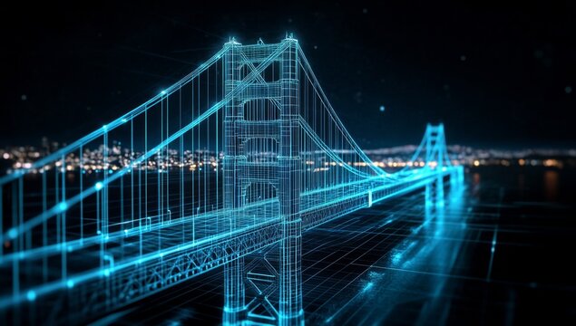 Digital blueprint of a bridge at night.  Detailed 3D rendering of the Golden Gate Bridge's framework, overlaid with a digital grid and glowing lines.  Night city skyline visible in the background