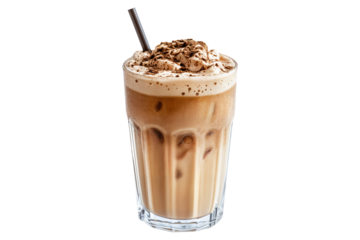 Iced coffee with whipped cream and chocolate shavings in tall glass with straw isolated on transparent background