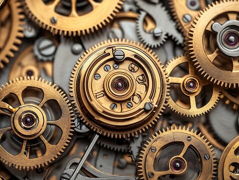 Detailed close-up of intricate clockwork gears and mechanisms inside an antique pocket watch, warm golden light illuminating the details.