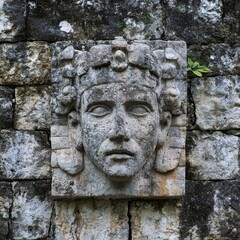 Obraz premium Ancient Mayan Stone Carving of a Regal Face Embedded in a Weathered Wall in Chichen Itza Mexico