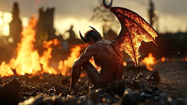 Fallen Angel's Lament: A Digital Painting of a Winged Demon Amidst Infernal Ruins