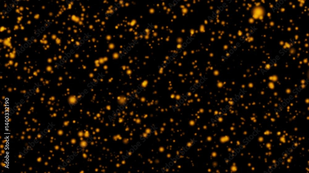 Poster animation loop falling blurred glow orange gold particles on black abstract background.