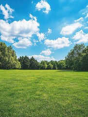 Fototapeta premium Expansive green meadow under a bright blue sky dotted with fluffy white clouds in a serene landscape sunny day