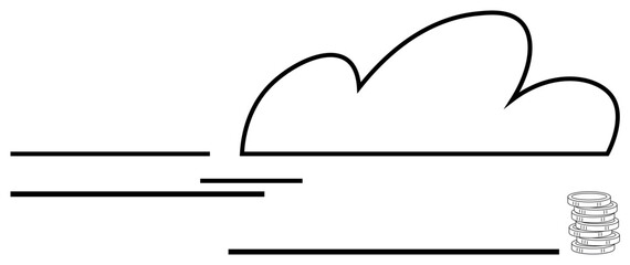 Simplified cloud graphic with coins icon suggesting digital storage, finance, and cloud computing. Ideal for data storage, finance, economics, technology, innovation, savings minimalistic