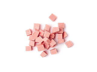 Diced Mortadella Slice Isolated, Luncheon Meat Cut, Chicken Ham Cubes, Boiled Sausage for Breakfast