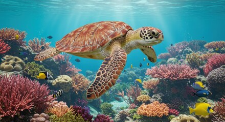 Fototapeta premium Majestic Sea Turtle Gracefully Navigating Vibrant Coral Reef Ecosystem