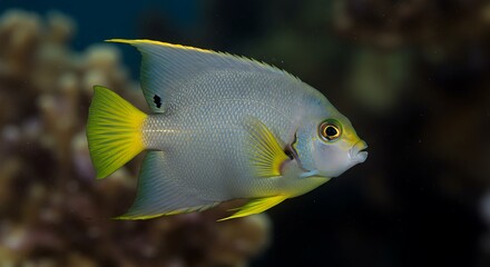 Naklejka premium Serene Underwater World Grey Angelfish Blue And Yellow Ocean Fish Portrait Stunning Angelfish Coral Reef Beauty Underwater Elegance A Fish In Motion Ocean Life Vibrant Angelfish Close Up AI Generated
