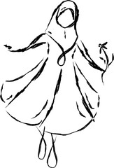 Joyful Hijabi Running with Flowers, Dynamic Outline Illustration, Black and White Hijab Woman Vector