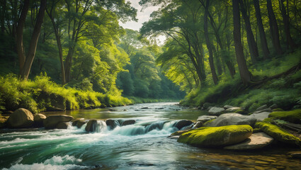 A picturesque creek in the forest flowing among trees