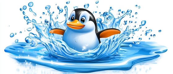 Playful penguin splashing in water arctic scene digital art animated environment vibrant colors
