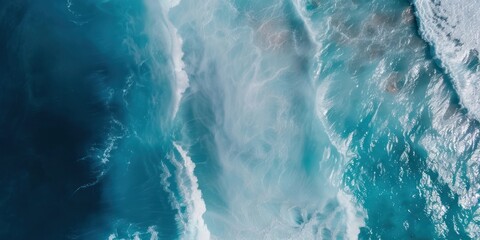Arial view of waves splash in the deep ocean dark green blue turquoise and white air bubble foam turbulence.