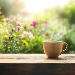 steaming coffee cup on rustic wooden counter with vibrant garden backdrop fresh herbs and blooming flowers creating peaceful atmosphere natural light enhancing cozy