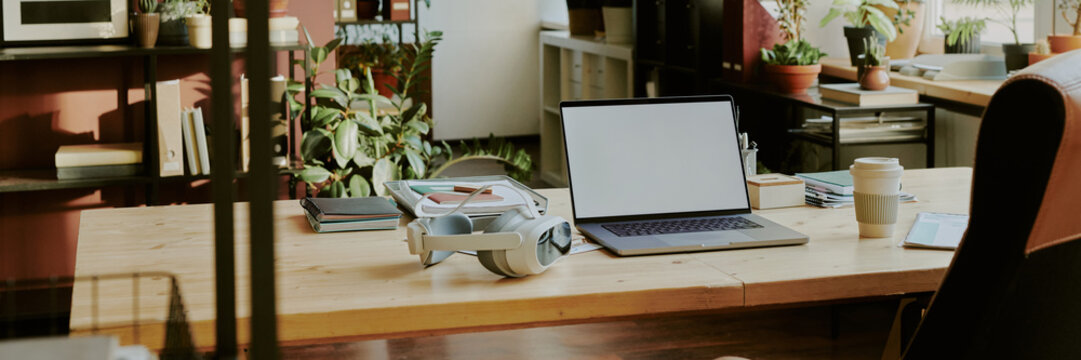 Website banner of empty programmer work zone decorated with green plants in office of IT company