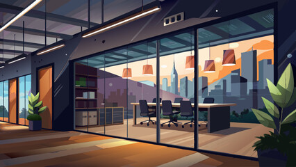 Modern black wall mockup in office with wooden floor and meeting room visible through glass wall on right side under ceiling lights at night. 