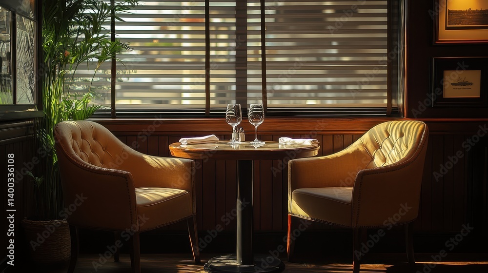 Poster warm and inviting seating area with pendant lights at a modern cafe during the evening hours