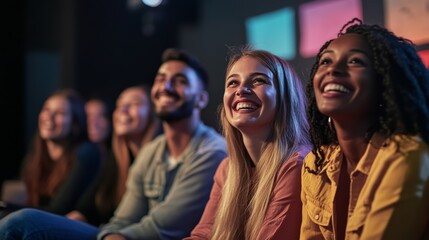 Fototapeta premium Attendees are smiling and engaged during a presentation in a well-lit, contemporary event space, enjoying the networking atmosphere together